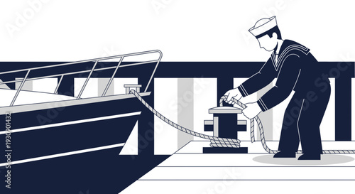 Sailor Securing Vessel on Dock, Utilizing Rope, Demonstrating Professional Marine Skills