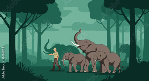 Savannah Ranger Guides Majestic Elephants Through Lush Forest Landscape