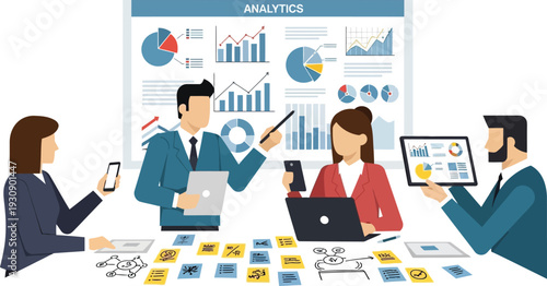 Business professionals analyze data and charts during a corporate meeting.