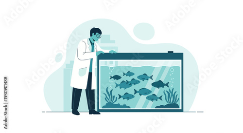 Scientist Observing Fish In Aquarium Tank With Research