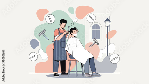 Barber cutting man's hair with scissors and razor in vintage shop