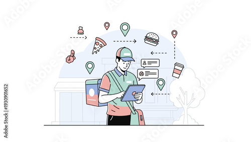 Delivery Person Managing Online Food Orders with Digital Tablet