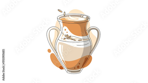 Stylized illustration of a latte with coffee beans and splashes.