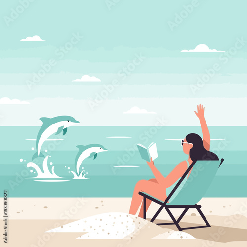 Serene Beach Day With Dolphins And A Relaxing Reader