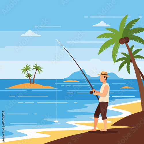 Serene Beach Fishing Adventure Under Tropical Palm Trees