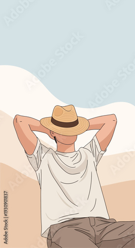 Serene Beachfront Escape With Person Relaxing Under Wide Brimmed Hat Enjoying Coastal Breeze