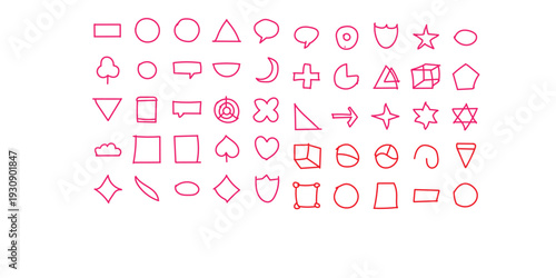 Geometric shapes and symbols in red on white background