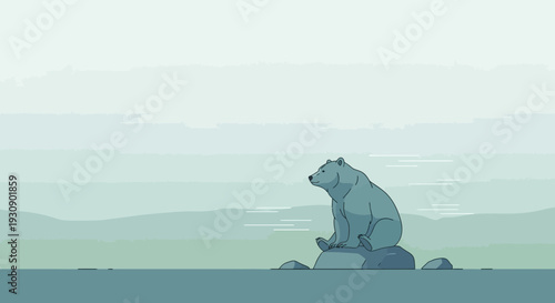 Serene Bear Contemplates Vast Misty Landscape With Calm Waters