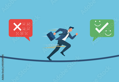 Businessman Balancing on Tightrope Between Negative and Positive Feedback, Managing risks and rewards, navigating criticism and praise, decisive leadership under pressure, balancing customer feedback,