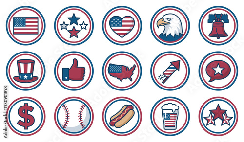 American patriotic icons and symbols representing national pride, independence day, and cultural traditions in a vibrant collection.