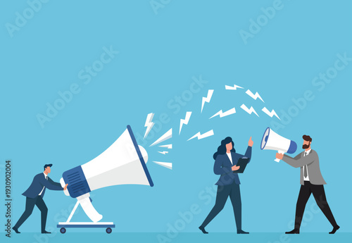 Business Communication Clash Involving Giant and Small Megaphones, Corporate communication conflict, aggressive marketing strategy, unequal power dynamics, overwhelming information noise