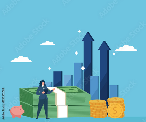 Businesswoman Analyzing Financial Growth with Money and Charts, Investment success strategy, economic profit growth, wealth accumulation planning, corporate financial analysis