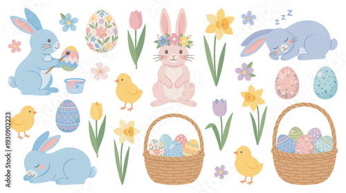 Cute Easter bunnies, eggs, chicks, and flowers are charming cartoon illustrations for a delightful spring holiday celebration.