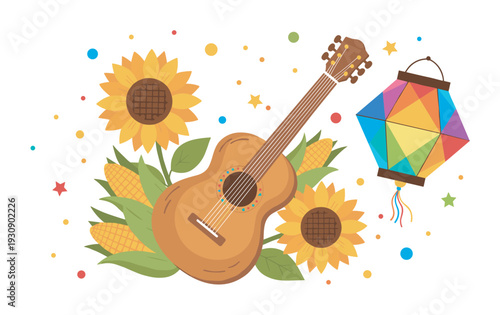 Acoustic guitar, sunflowers, corn, and colorful lantern are beautifully arranged for a vibrant summer festival celebration.