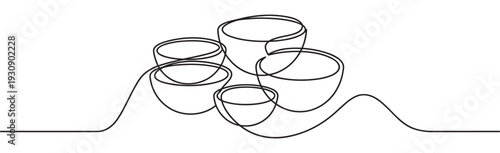 Five abstract bowls are depicted in a continuous line drawing style, creating a minimalist and modern artistic composition.