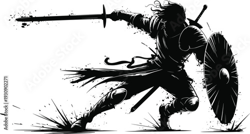 Medieval warrior silhouette charging with sword and shield, dynamic battle action illustration, dramatic black ink style isolated white background vector