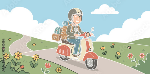 Happy man rides his vintage scooter fully loaded with luggage on a winding road through a beautiful green landscape.