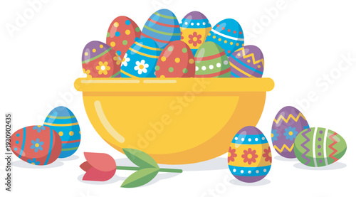 Colorful decorated Easter eggs fill a yellow bowl with additional eggs and a tulip on the side, celebrating spring.