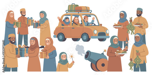 Muslim family celebrating Eid al-Fitr with gifts, delicious food, joyful travel, sparklers, and a traditional cannon firing.