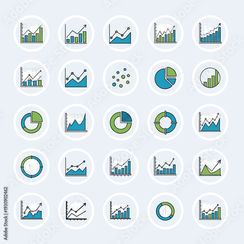A collection of 25 circular icons representing various types of financial and business charts and graphs.