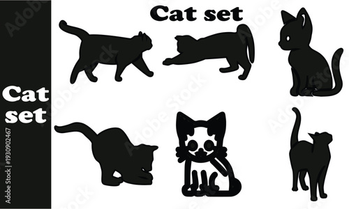 Large collection of black cat silhouettes, vector set featuring felines sitting, jumping, pouncing, stretching, and playing isolated on white background 