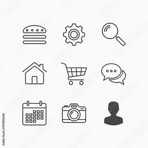 A collection of nine minimalist line art icons representing common digital interface elements and functions.