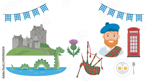 Scottish culture symbols and icons are beautifully illustrated in this vibrant collection, showcasing the rich heritage and traditions of the country.