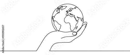 Human hand holding planet earth illustration in a minimalist continuous line art style symbolizing global care and environmental protection.