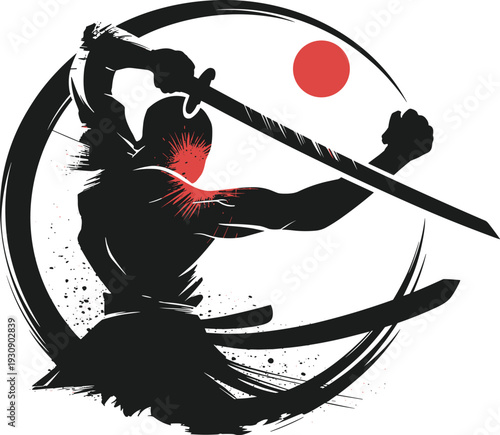 Samurai warrior silhouette with katana sword, Japanese ink brush style illustration, martial arts fighter, dramatic red sun background