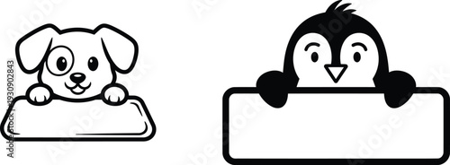 Cute dog and penguin cartoon characters with blank sign boards for text