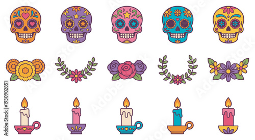 Vibrant sugar skulls, traditional flowers, and decorative candles are essential elements for a festive Day of the Dead celebration.