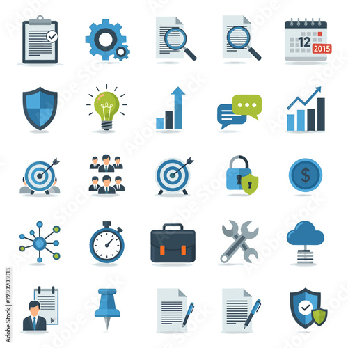 A comprehensive collection of flat design business and office icons, representing concepts like management, data analysis, security, teamwork, and productivity.