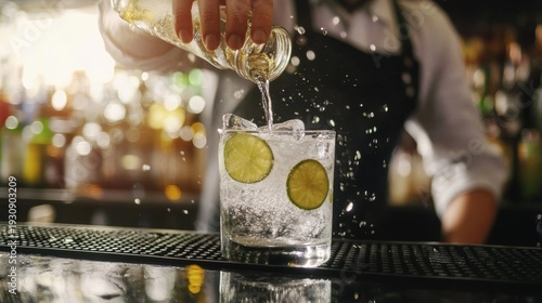 Bartender pouring water into cocktail glass with ice and slice of lime.