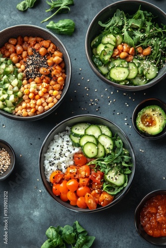 Vibrant salad bowls with variety of vegetables and grains arranged on table.