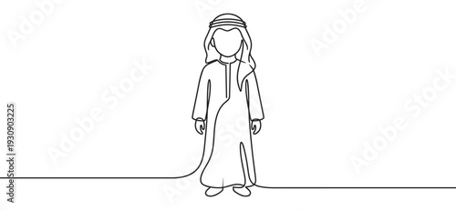 Arab man wearing traditional clothing standing in a continuous line drawing style, representing Middle Eastern culture and identity.