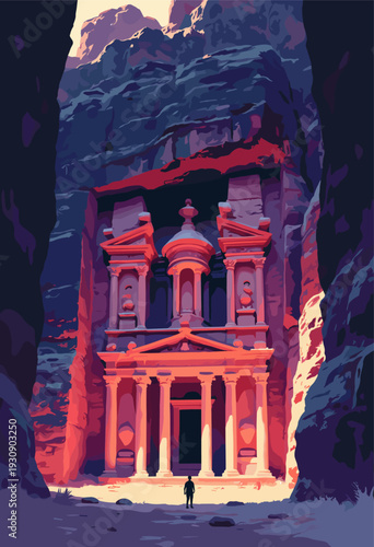 Treasury Petra AlKhazneh, carved into rock rock face is solid, heavy black shape, intricate columns glowing stark cream red No text