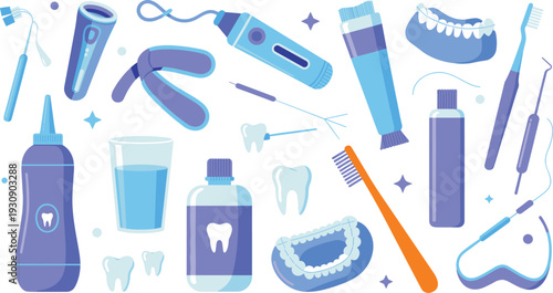 Colorful dental hygiene products and tools toothbrush toothpaste mouthwash