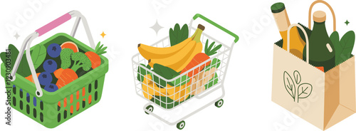 Three shopping baskets filled with fresh vegetables and fruits grocery shopping