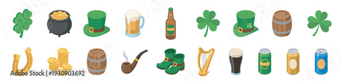 St. Patrick's Day items collection features traditional Irish symbols and festive holiday elements, including shamrocks, leprechaun hats, pots of gold, and beer.