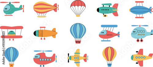 cute cartoon aircraft set, colorful airplanes helicopters balloons collection, cad drawing flat vector illustration kids sticker bundle