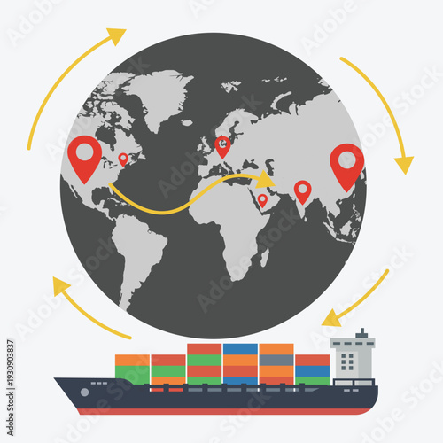 Global Shipping Routes and Logistics Network with World Map and Cargo Ship – International Trade Vector Illustration