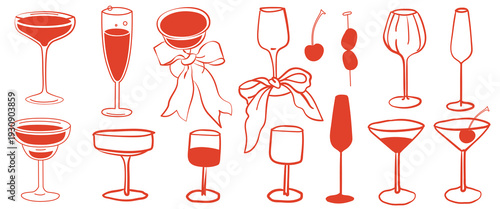 Hand-drawn drinks, glasses and cocktails collection for event, wedding or party decor, cafe menu or branding in line art style