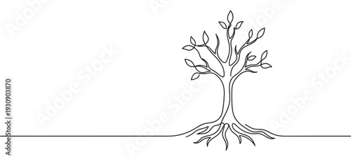 Single continuous line drawing of a tree with roots and leaves, representing life, growth, and natural harmony.