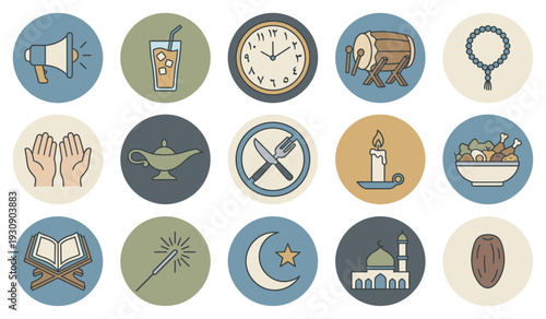 Islamic Ramadan celebration icons collection features various religious symbols and cultural elements for Muslim holy month festivities.