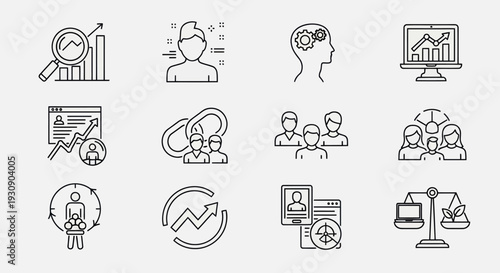 Line icons for business analysis, teamwork, and human resources concepts.