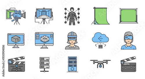 Modern Video Production and Virtual Reality Technology Icons Set
