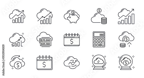 Collection of cloud finance and business analytics line icons.