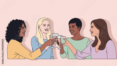 Diverse group of women cheering drinks in a celebratory moment, flat illustration