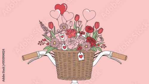 Romantic illustration of a bicycle flower basket filled with roses, gifts, and heart balloons.
