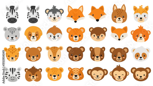 Cute collection of cartoon baby animal faces on white background.